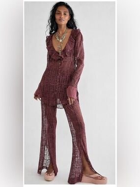 Free People In The Night Lace Flare Split Leg Pants, Purple Plum, M, EUC